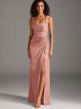 Azazie Jesaphine Stretch Satin Rosette Maxi Dress with Side Slit